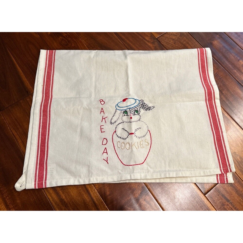 Vintage Tea Towel Embroidered Dog Baking Red Stripes Cotton